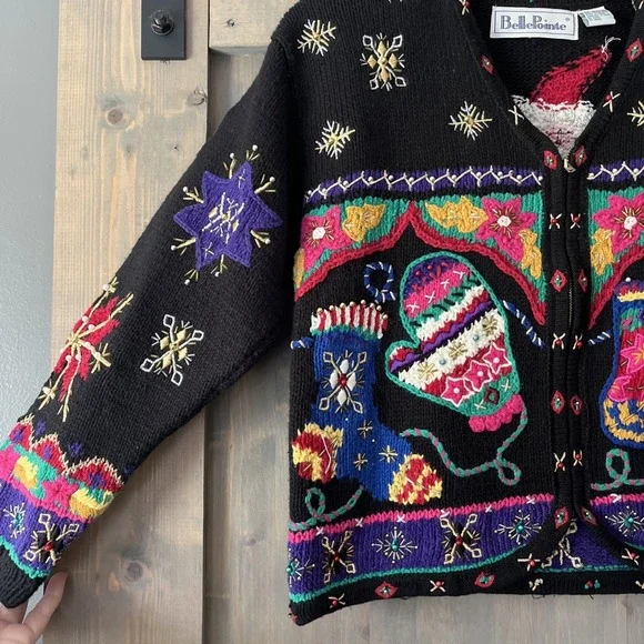 Vintage Belle Pointe Ugly Christmas Sweater Beaded Embroidered Colorful Sz Small - Picture 3 of 16